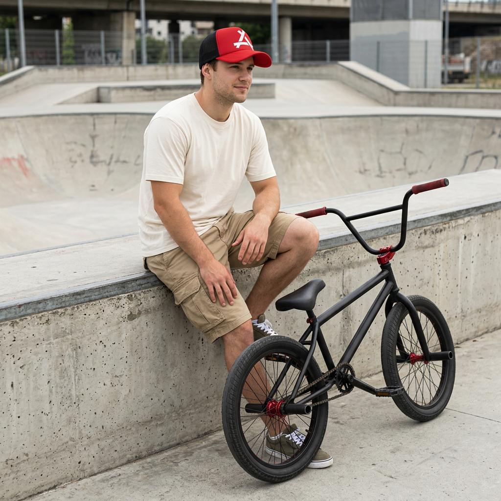 Gorra roja en un look urbano junto a una BMX