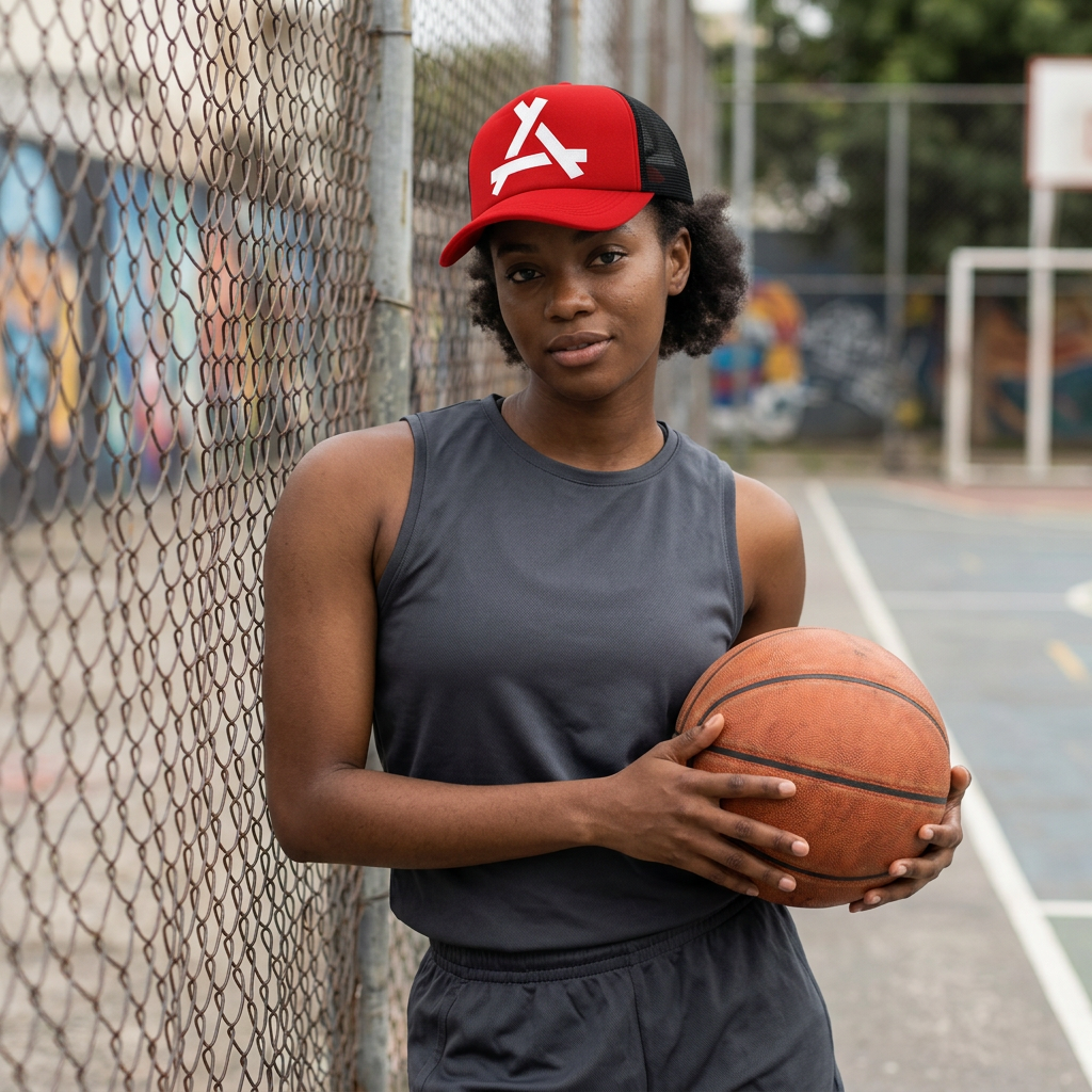 Gorra roja en una escena de baloncesto callejero