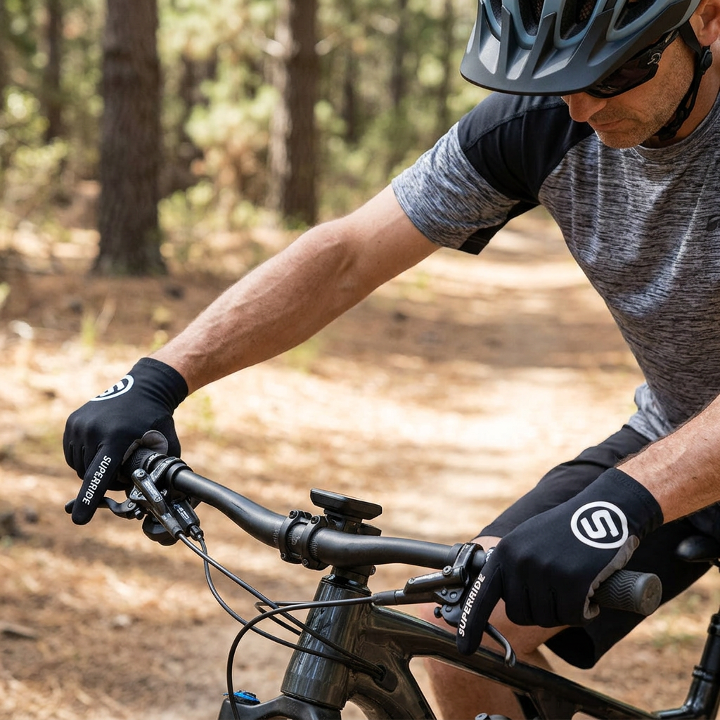 Guantes negros de dedos completos usados en bicicleta de montaña