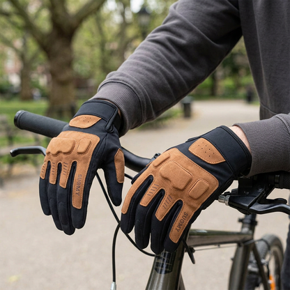 Guantes sobre el manillar de una bicicleta estacionada