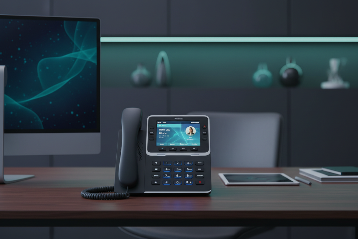 Modern VoIP Desk Phone in Professional Office