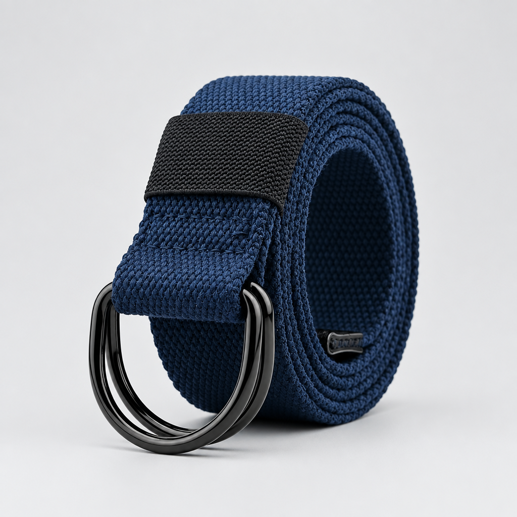 Navy blue canvas belt rolled with double D-ring black metal buckle, white background studio photography