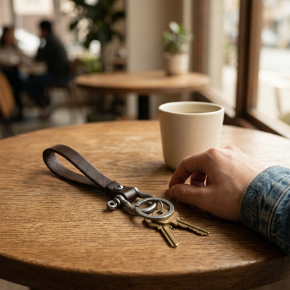 Llavero de cuero sobre una mesa de café