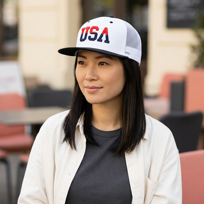 Modelo adulta de rasgos asiáticos con gorra USA
