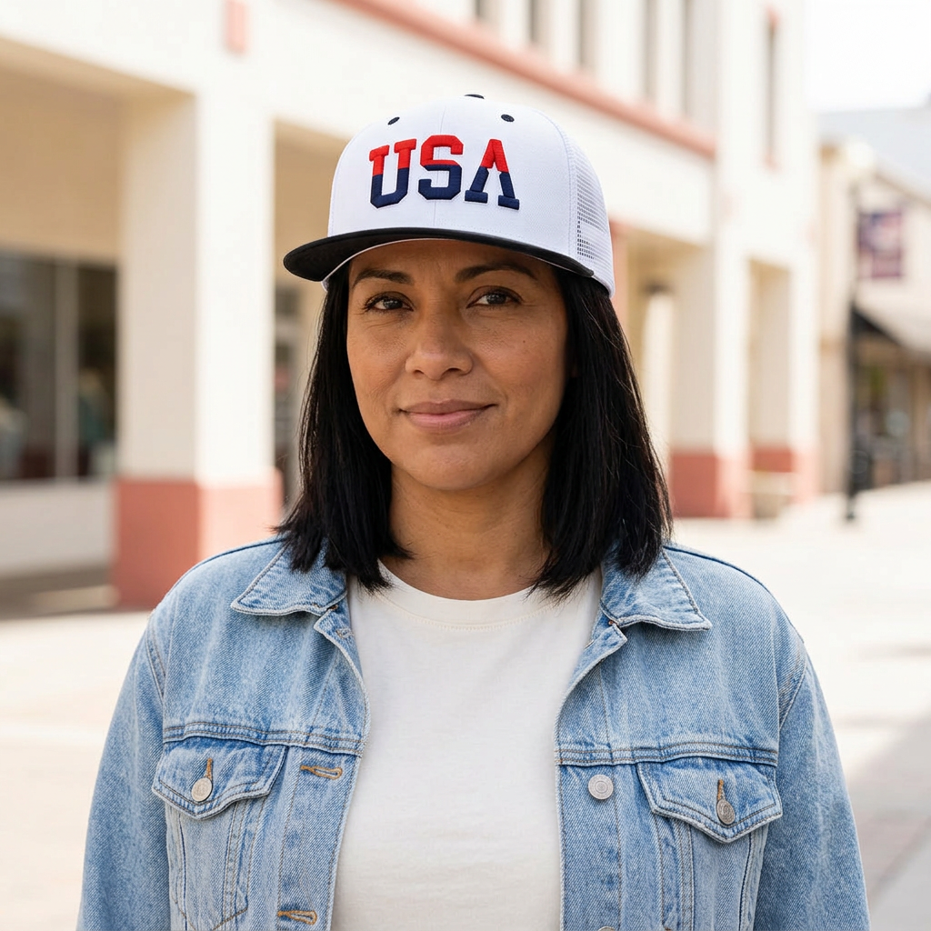 Modelo de mediana edad y piel morena con gorra USA