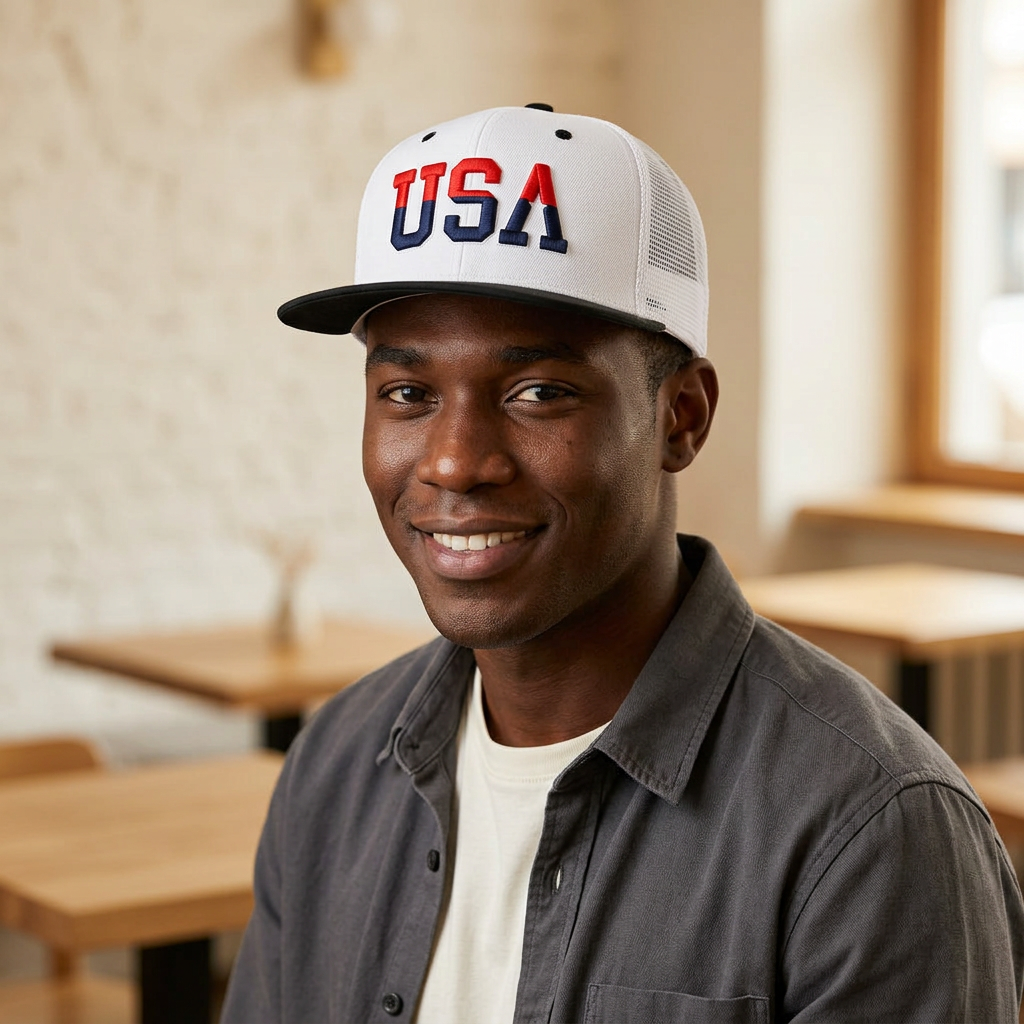 Modelo joven de piel oscura con gorra USA