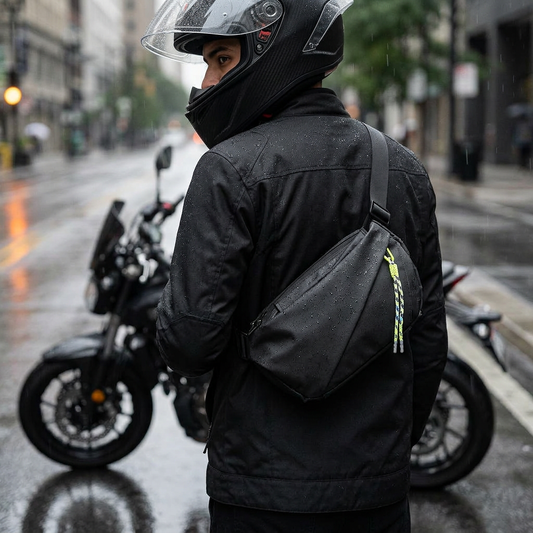 Modelo latino con bolso negro bajo lluvia ligera junto a motocicleta