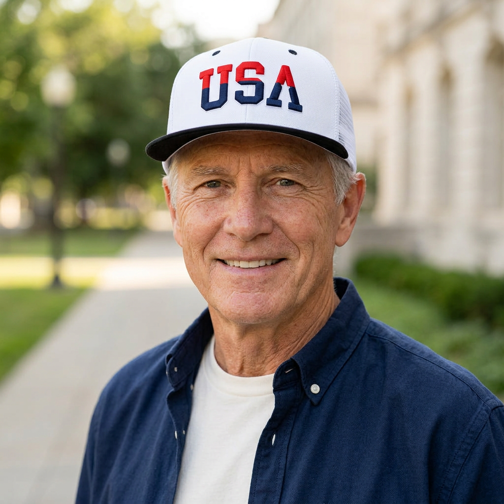 Modelo mayor de piel clara con gorra USA