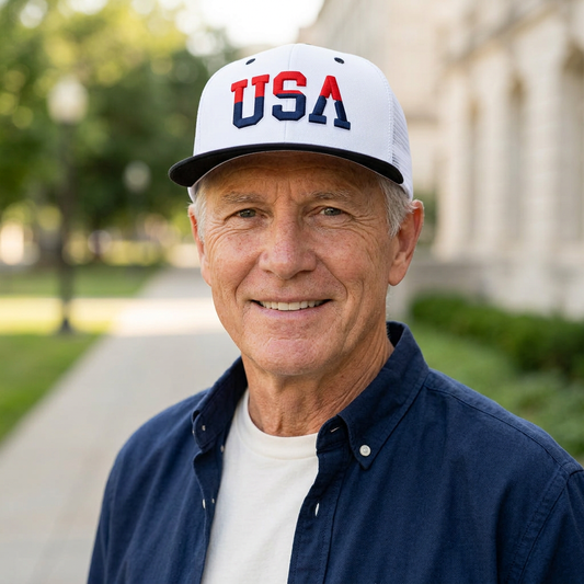 Modelo mayor de piel clara con gorra USA