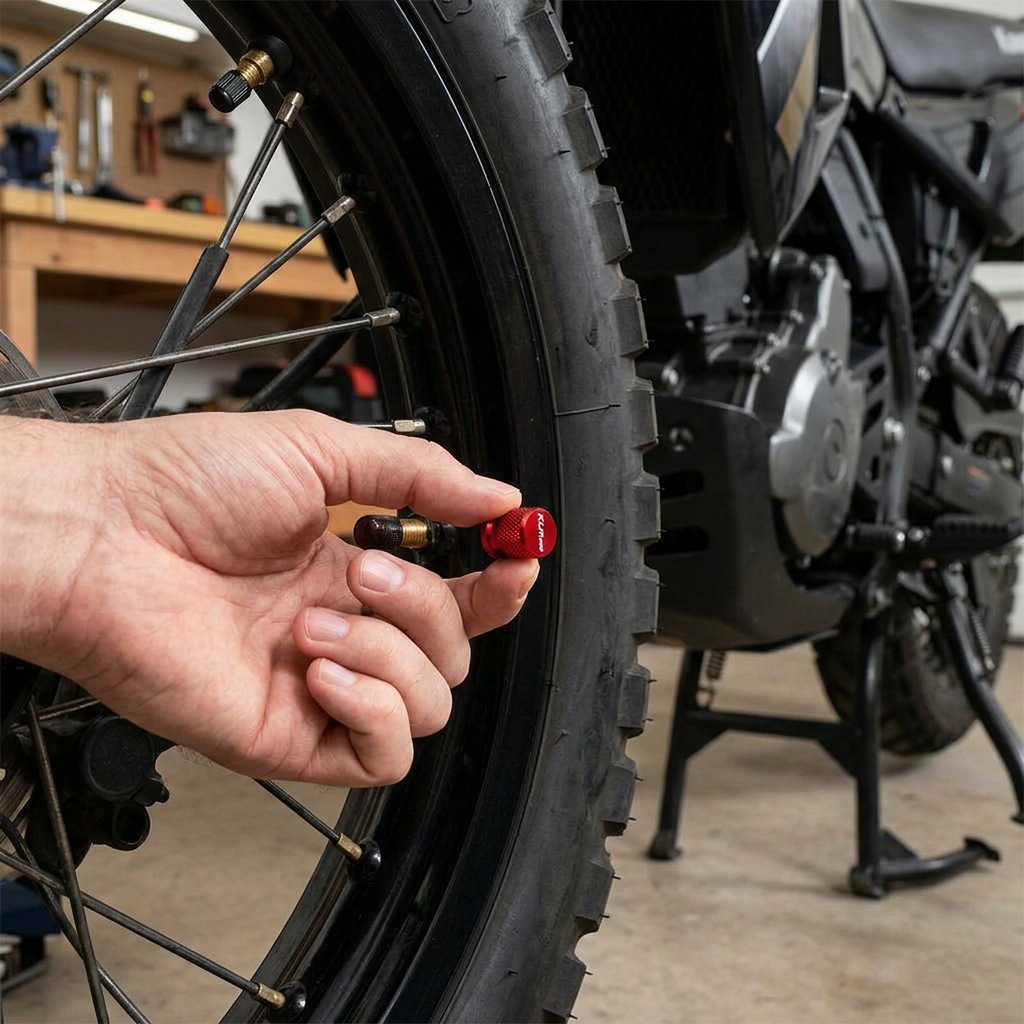 Motociclista colocando un tapón rojo en la válvula