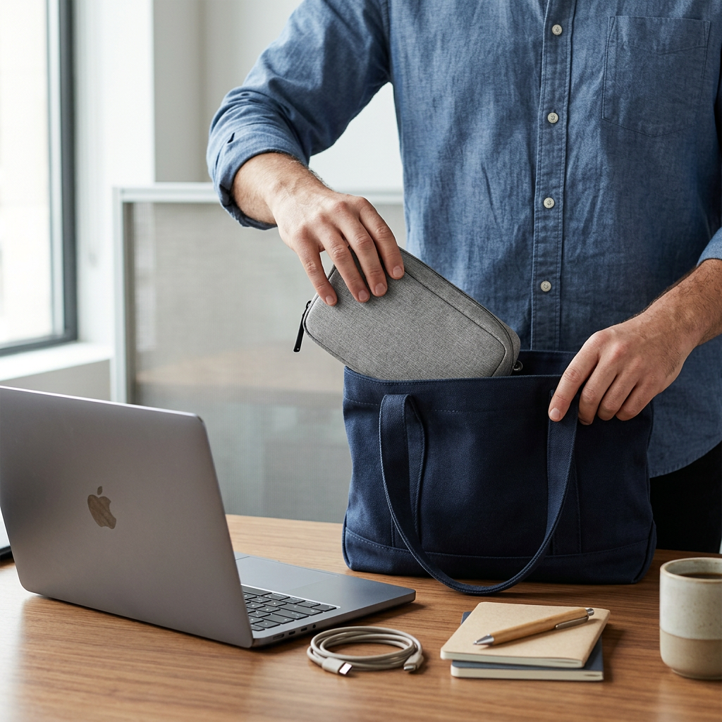 Organizador tecnológico gris junto a una bolsa de trabajo