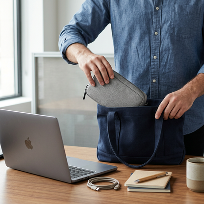 Organizador tecnológico gris junto a una bolsa de trabajo