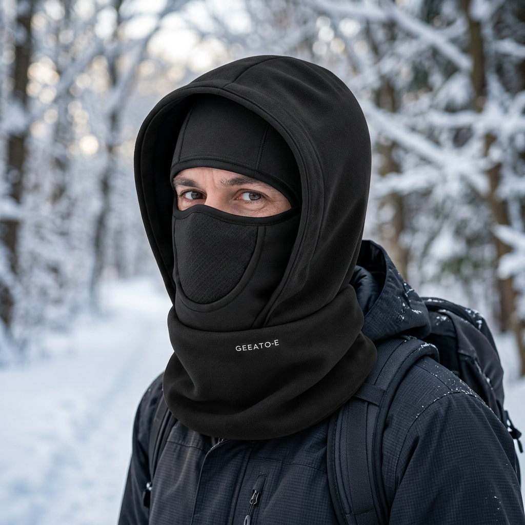 Pasamontañas negro usado durante una caminata de invierno