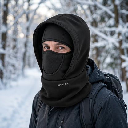 Pasamontañas negro usado durante una caminata de invierno
