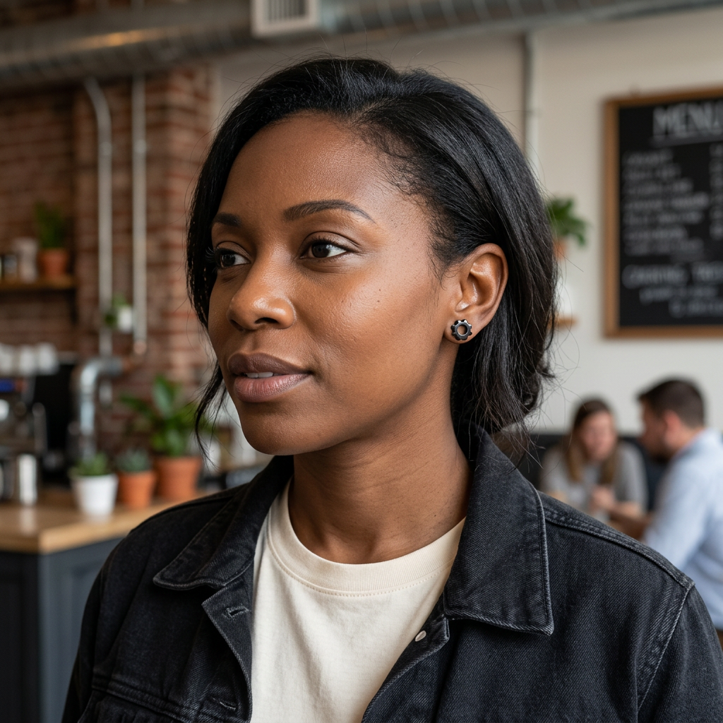 Pendiente de engranaje con chaqueta negra en un café