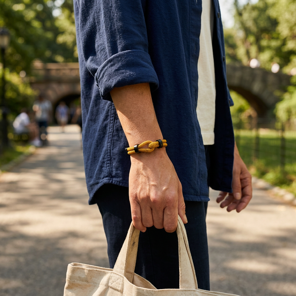 Pulsera amarilla con detalles negros en un look casual