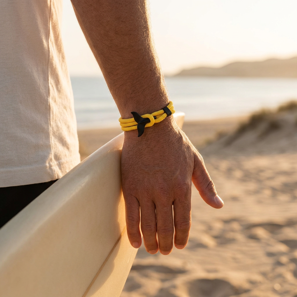 Pulsera amarilla en un look surfista de playa