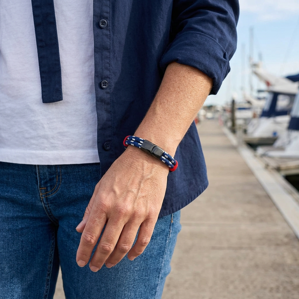 Pulsera azul con detalles rojos en una escena casual náutica