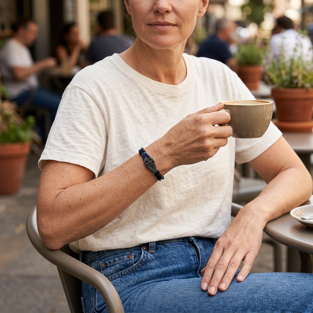 Pulsera azul con pieza negra perforada durante un café