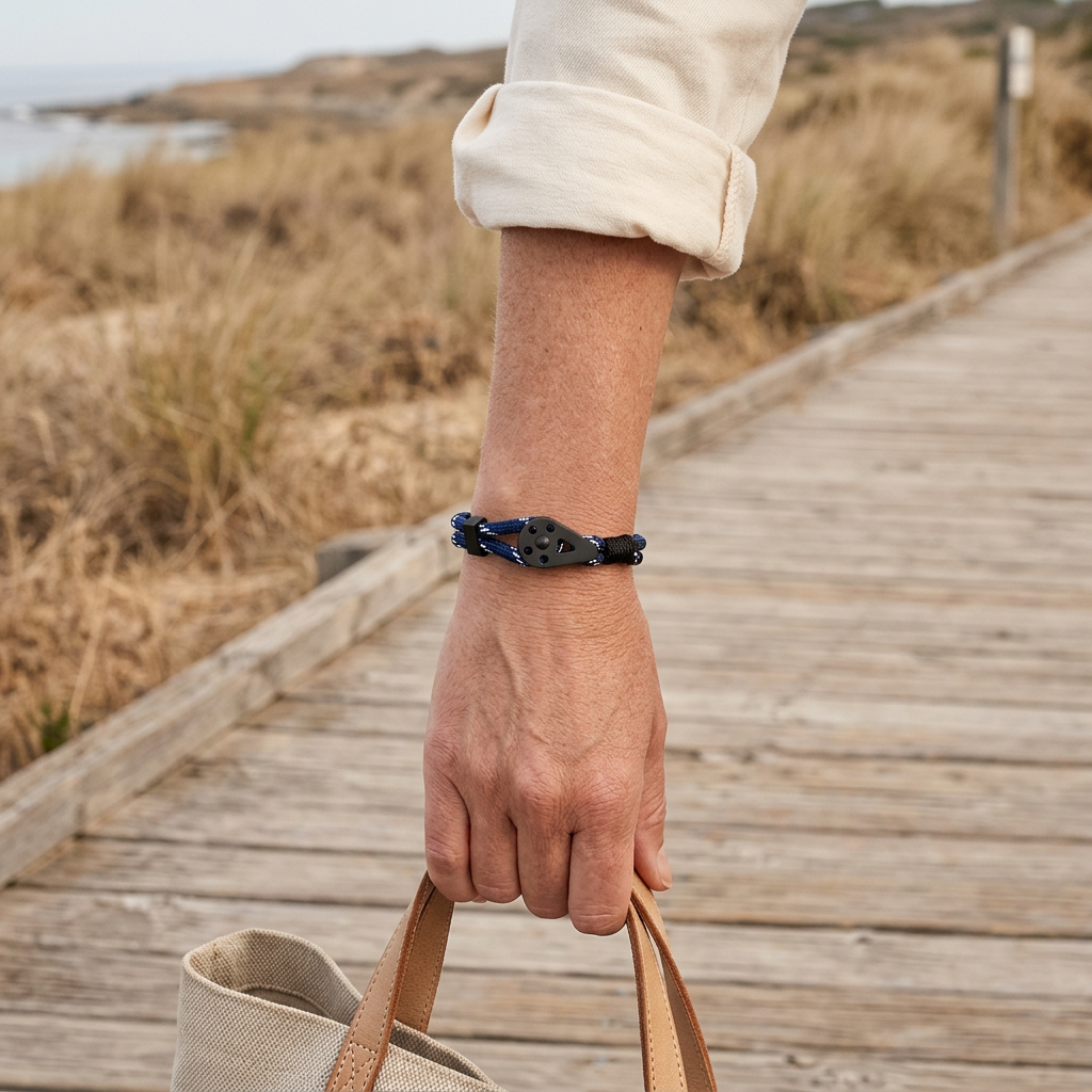 Pulsera azul en un look casual costero