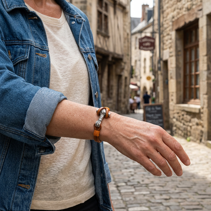Pulsera con martillo de Thor combinada con denim