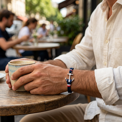 Pulsera de ancla azul marino durante un café