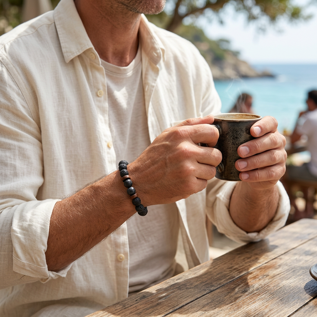 Pulsera de cuentas negras y detalles marrones durante un café
