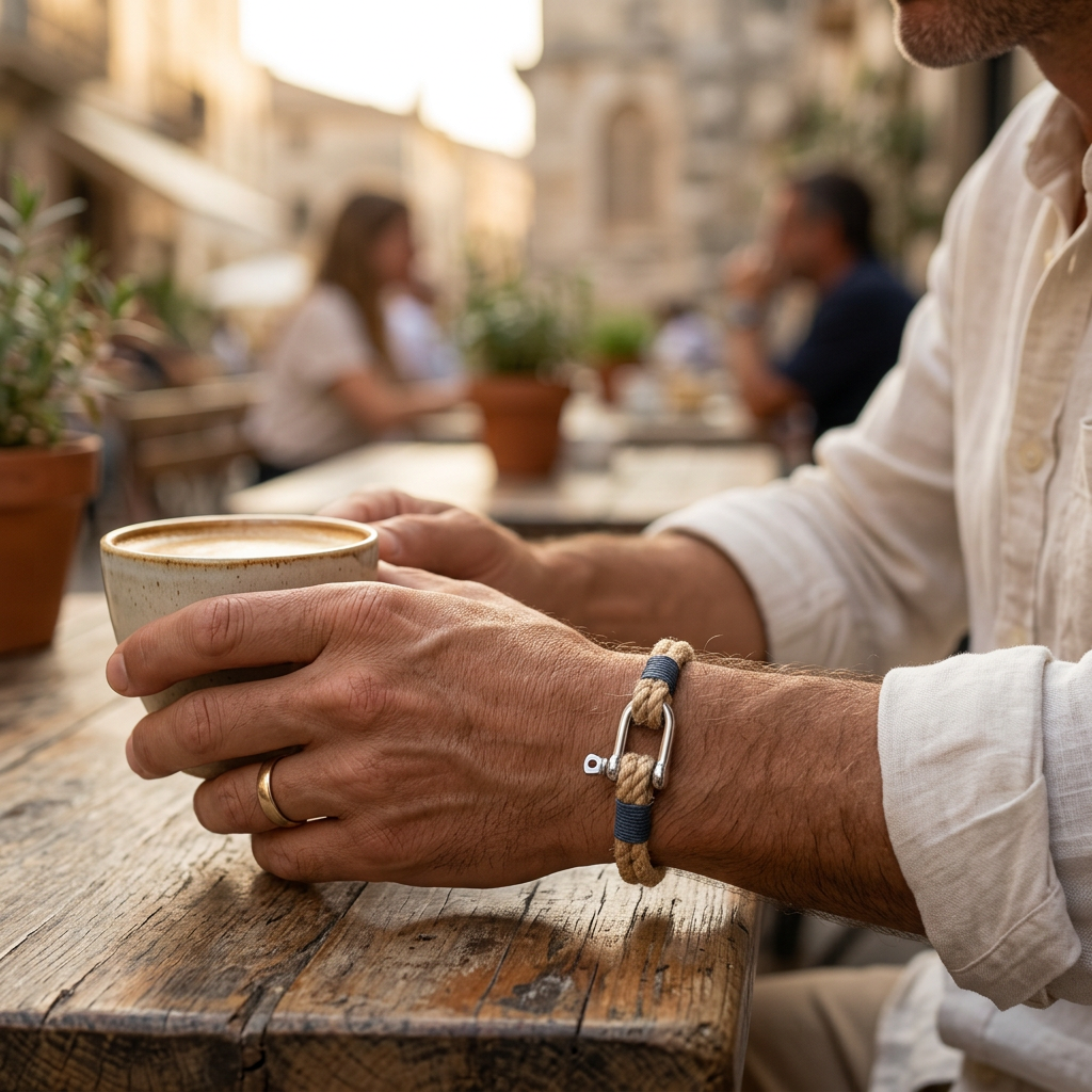 Pulsera de cuerda beige en un café