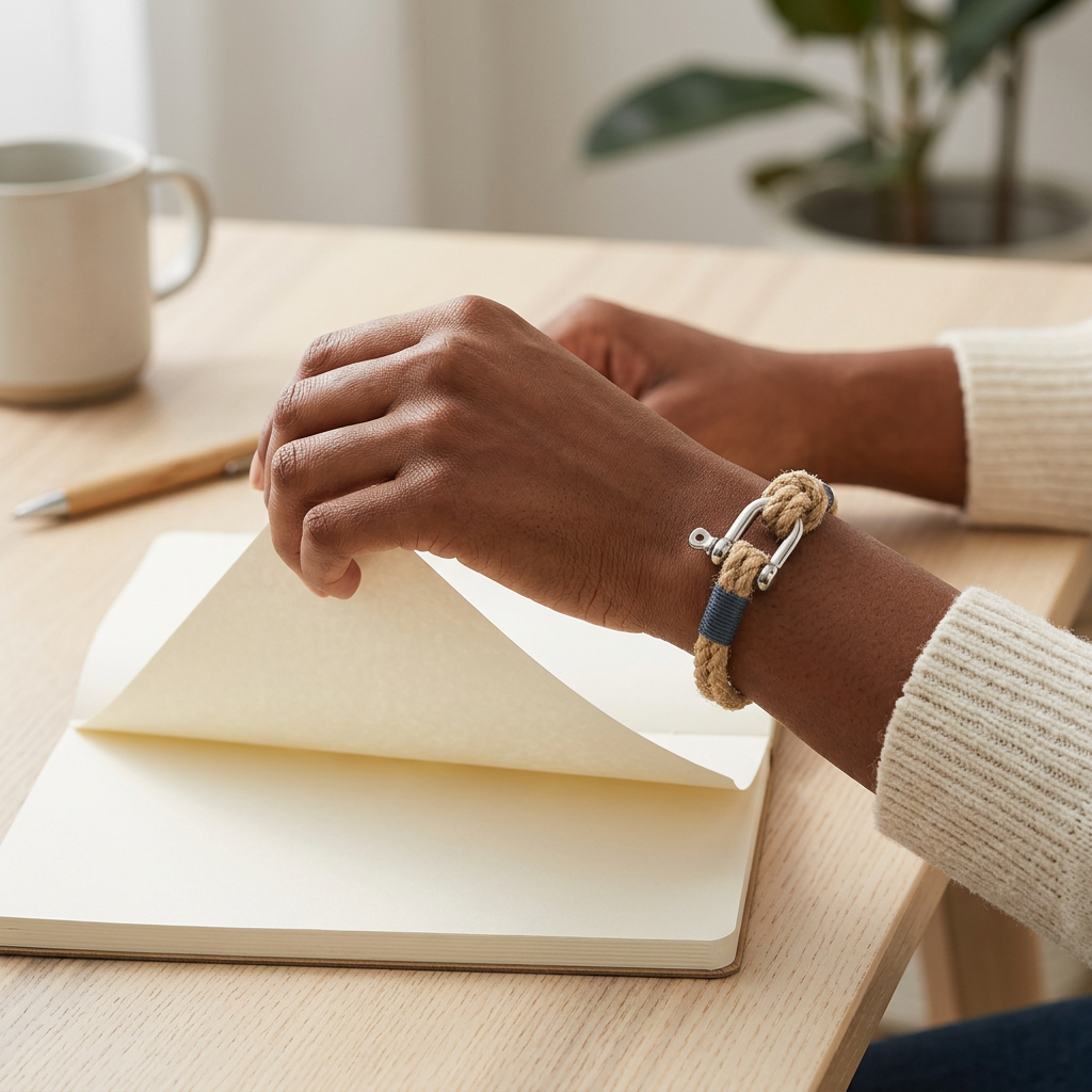 Pulsera de cuerda beige en una escena cotidiana