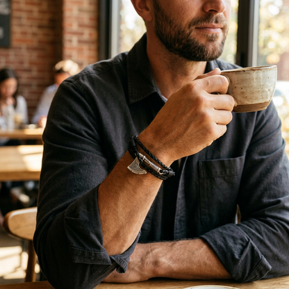 Pulsera de cuero con hacha durante un café