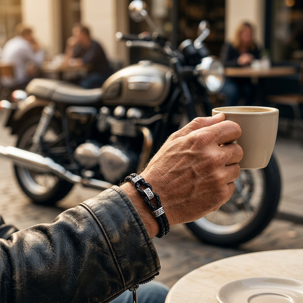 Pulsera de cuero en una pausa de café de motociclista