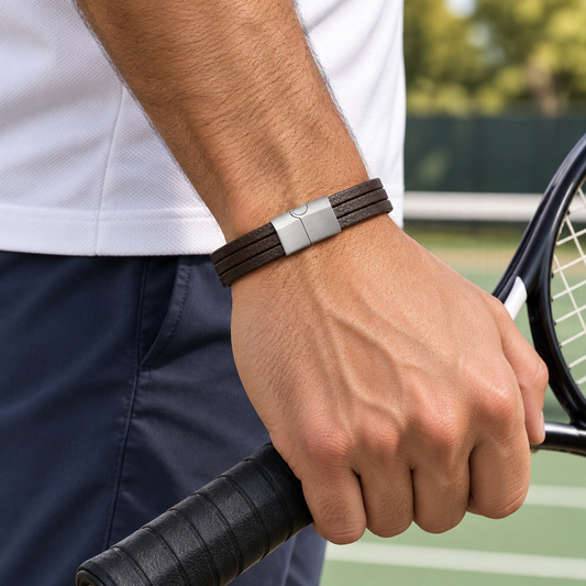 Pulsera de cuero marrón en un ambiente de tenis