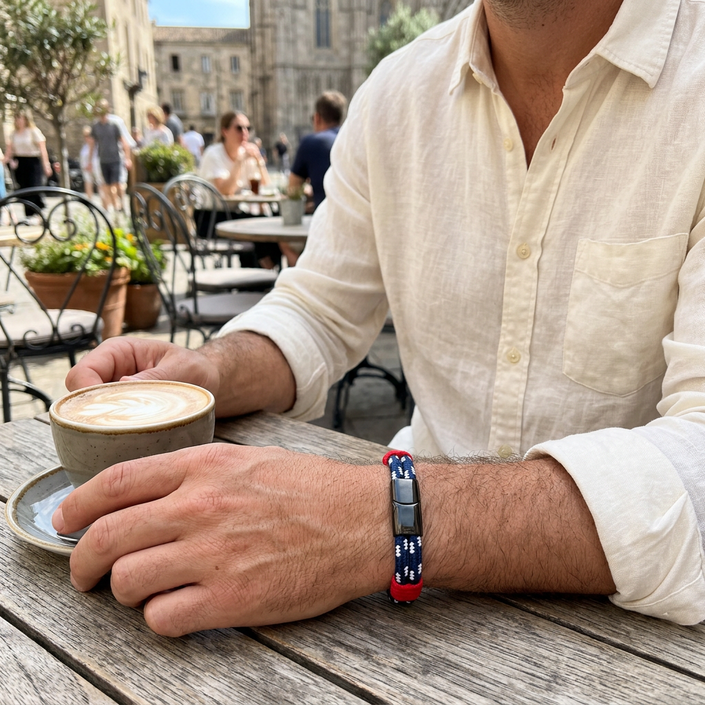 Pulsera de doble cordón azul durante un café