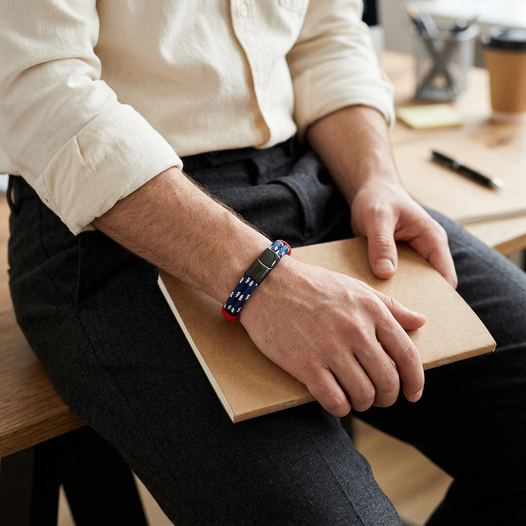 Pulsera de doble cordón azul en un ambiente de trabajo relajado