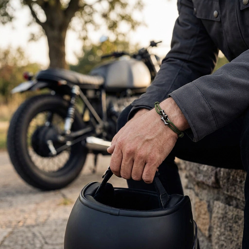 Pulsera de eslabones verde oliva en una escena de motociclista