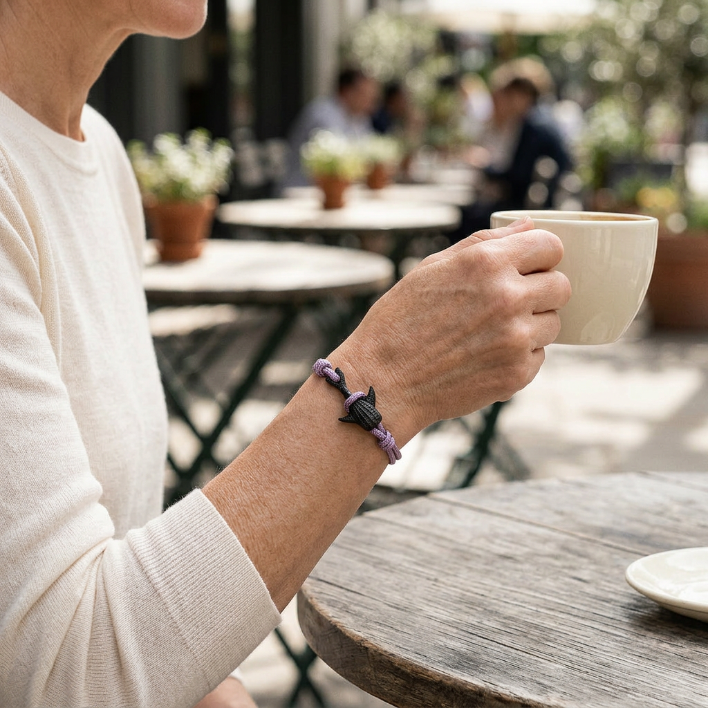 Pulsera de tiburón ballena lila durante un café