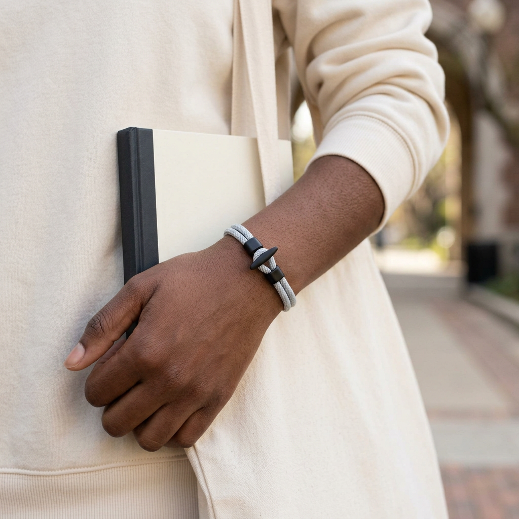 Pulsera gris de doble cordón en un look cotidiano