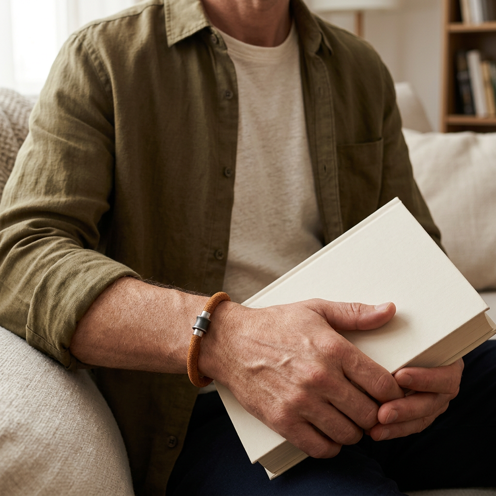 Pulsera marrón con cierre bicolor en una escena de lectura