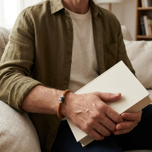 Pulsera marrón con cierre bicolor en una escena de lectura
