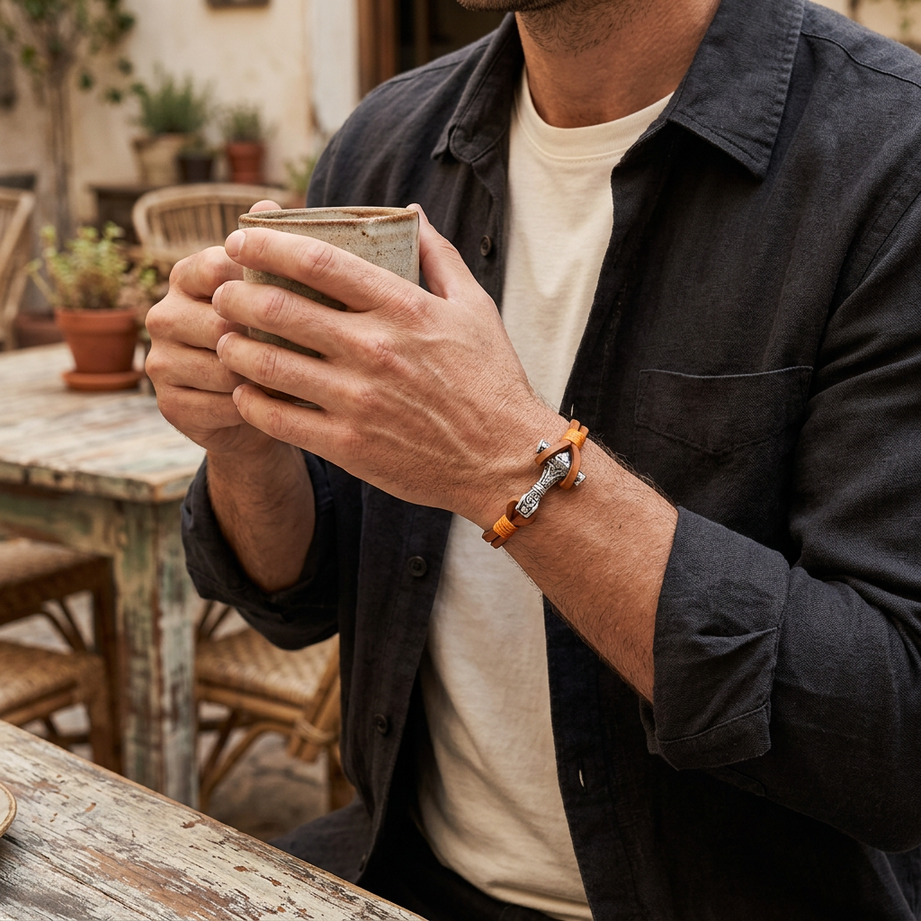 Pulsera marrón con martillo de Thor durante un café