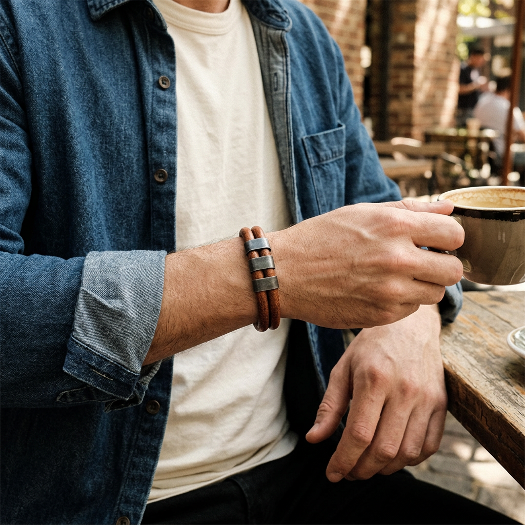 Pulsera marrón de doble cordón combinada con denim