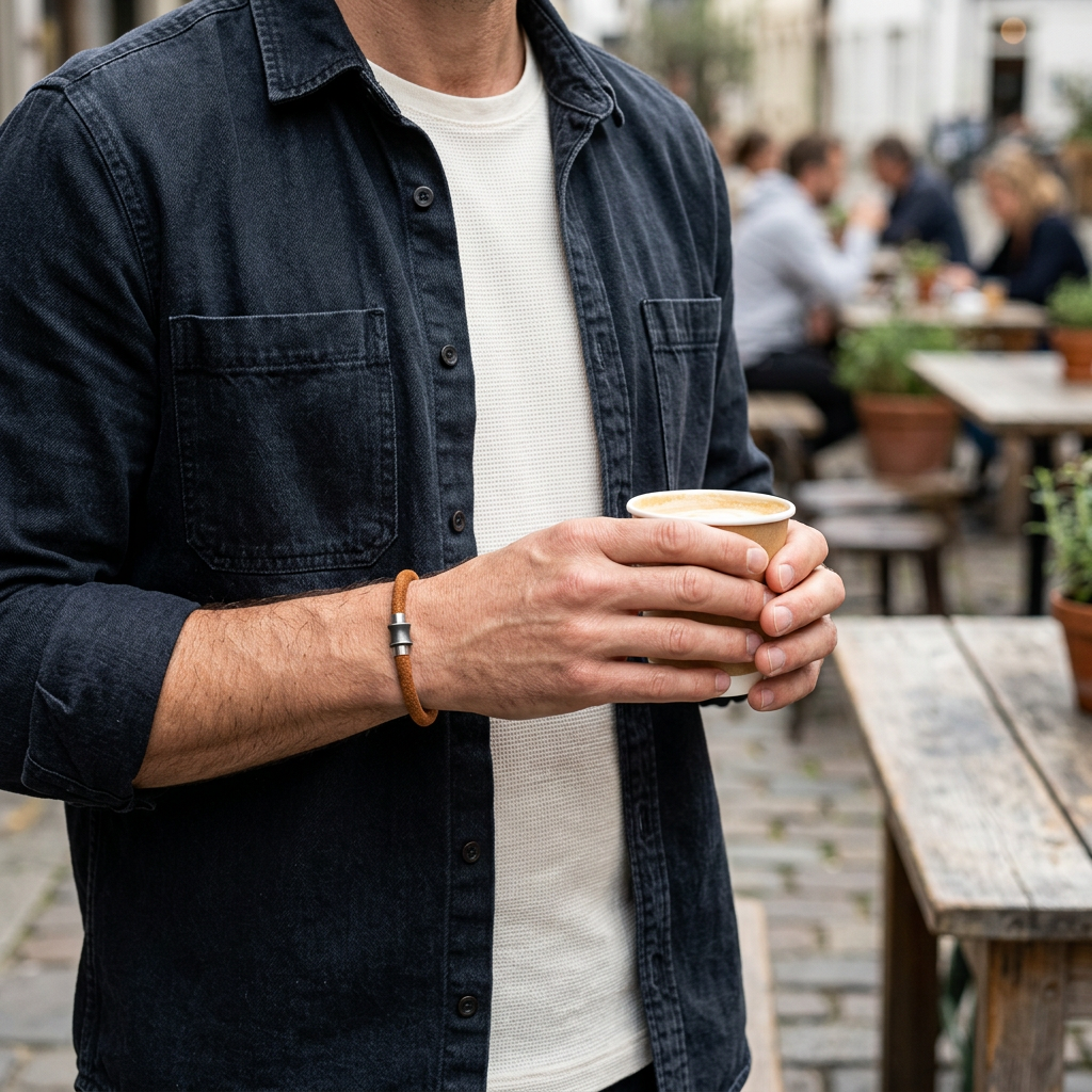 Pulsera marrón de un cordón durante un café