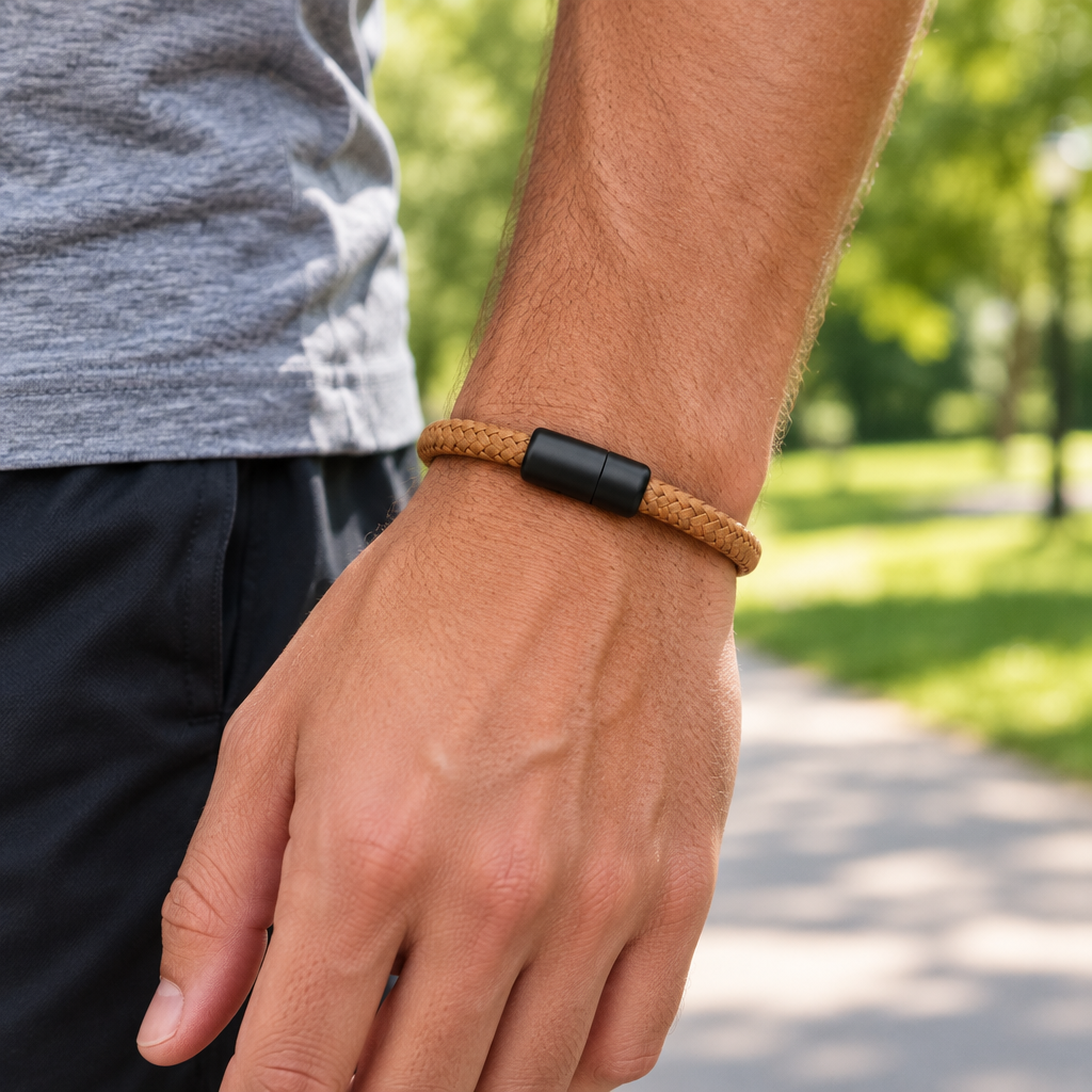 Pulsera marrón trenzada en una caminata por el parque