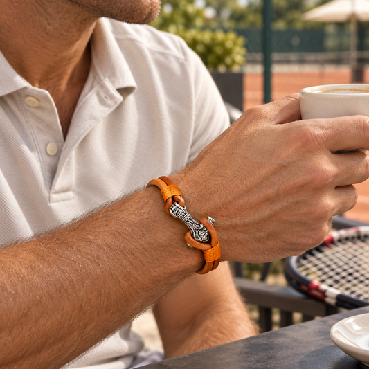 Pulsera Mjolnir en un momento de café junto a las canchas