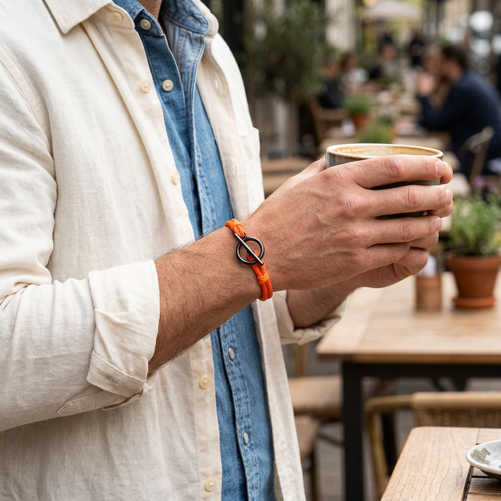 Pulsera naranja con cierre negro durante un café