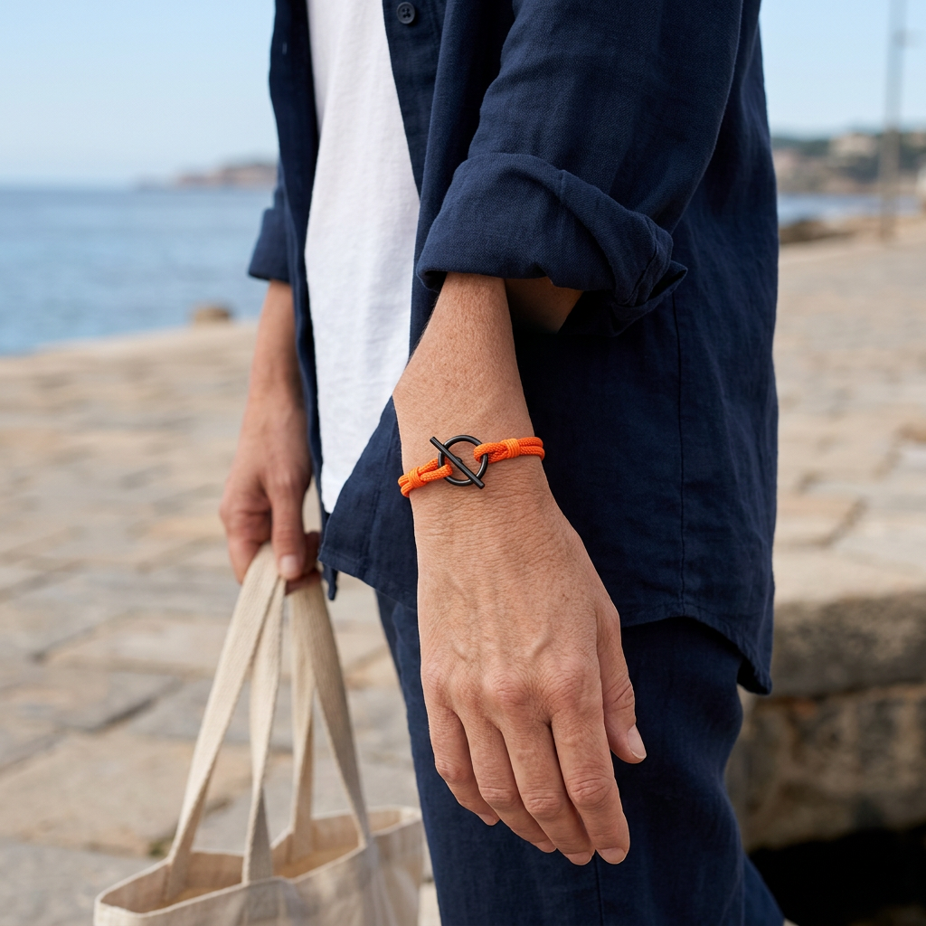 Pulsera naranja en un look casual costero