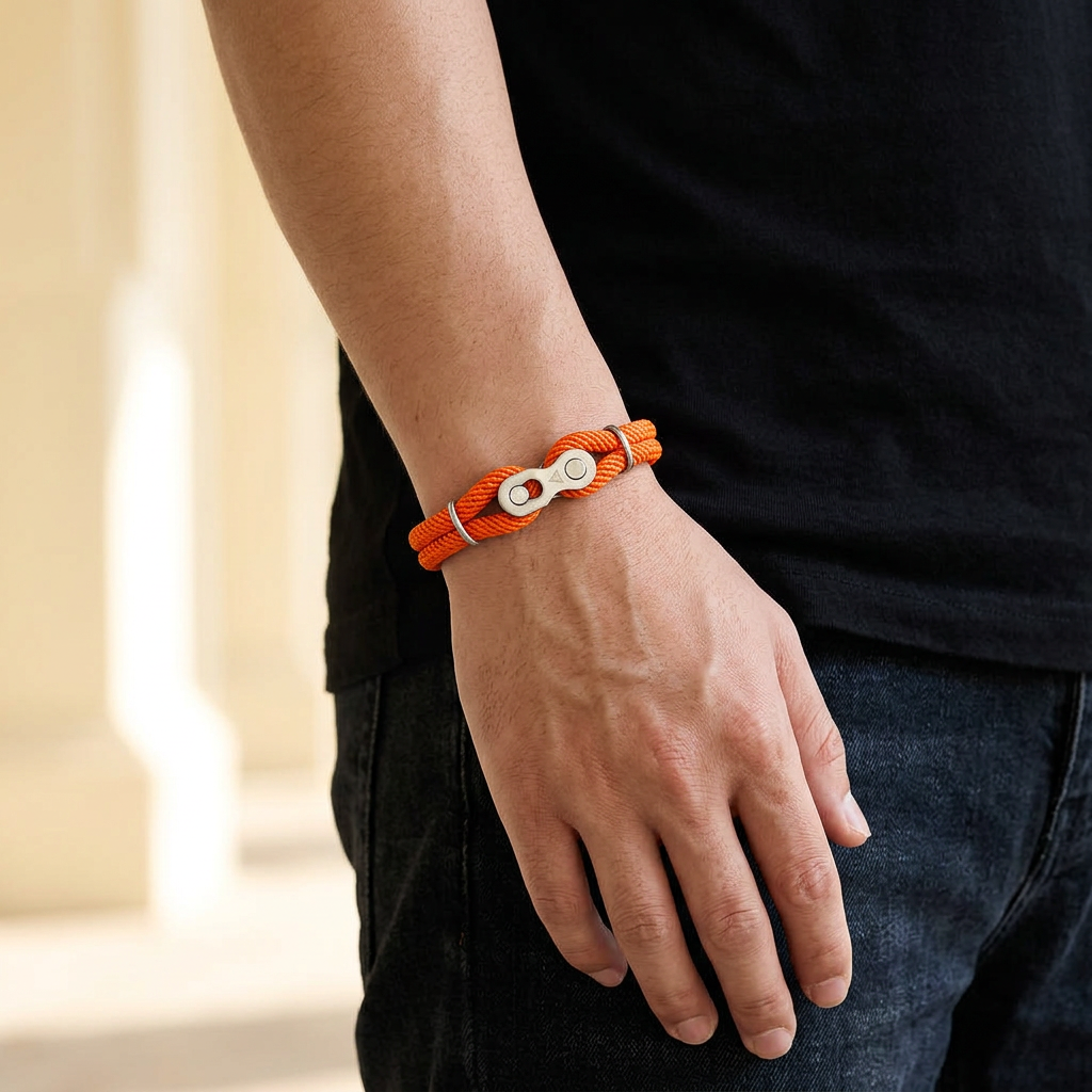 Pulsera naranja en una muñeca con estilo casual