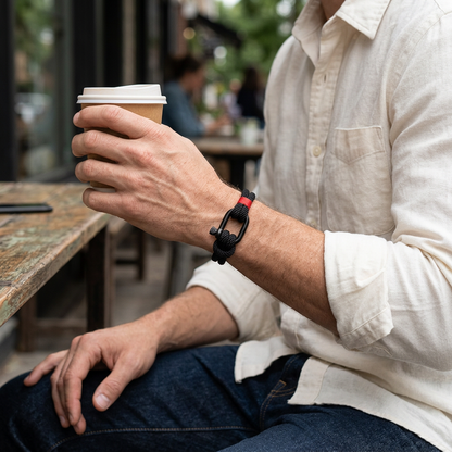Pulsera negra con detalle rojo durante un café