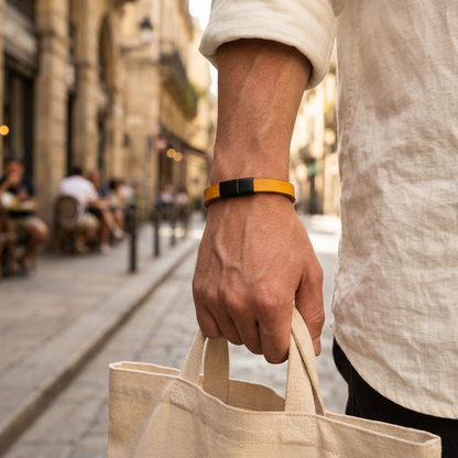 Pulsera plana amarillo dorado durante un paseo