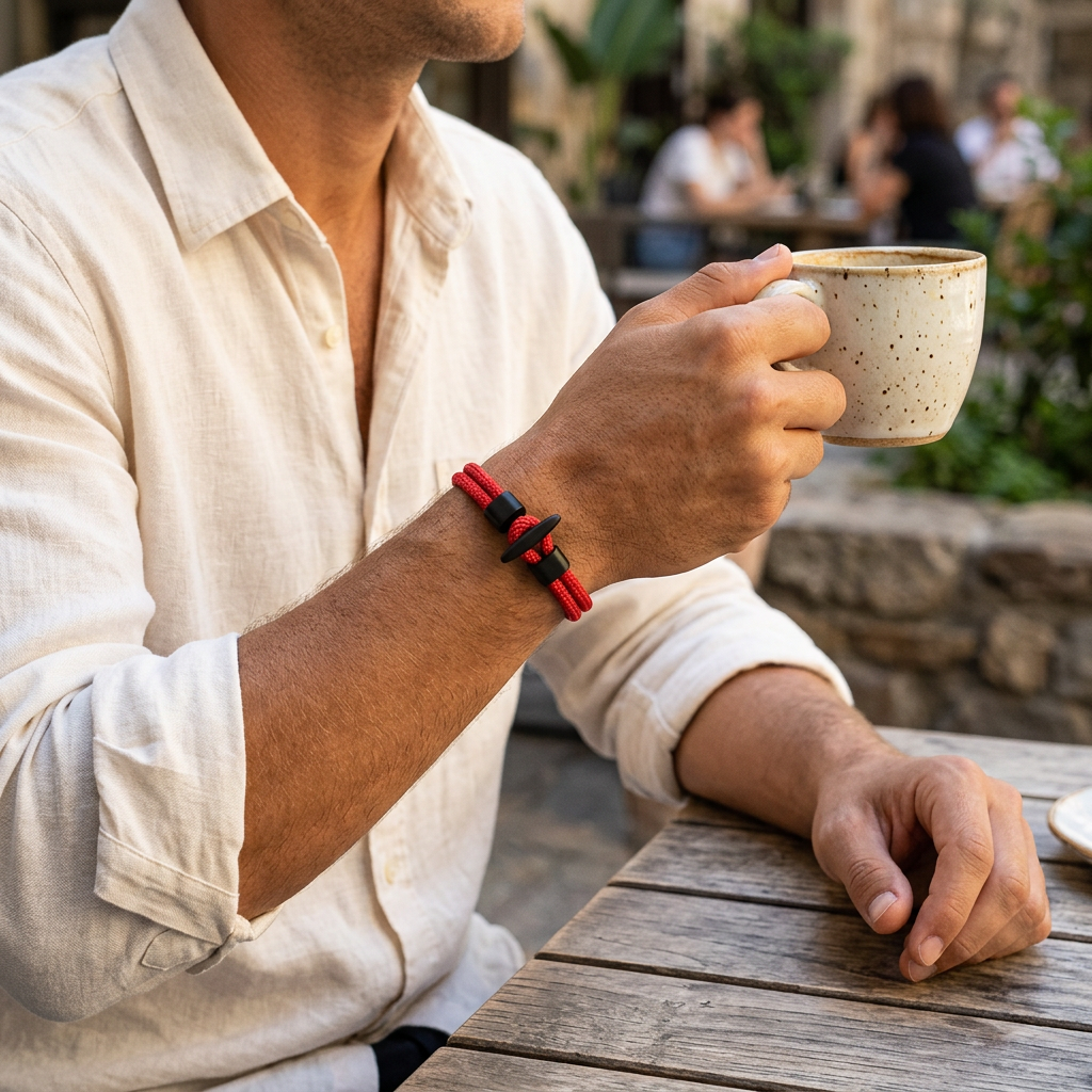 Pulsera roja de doble cordón en un café
